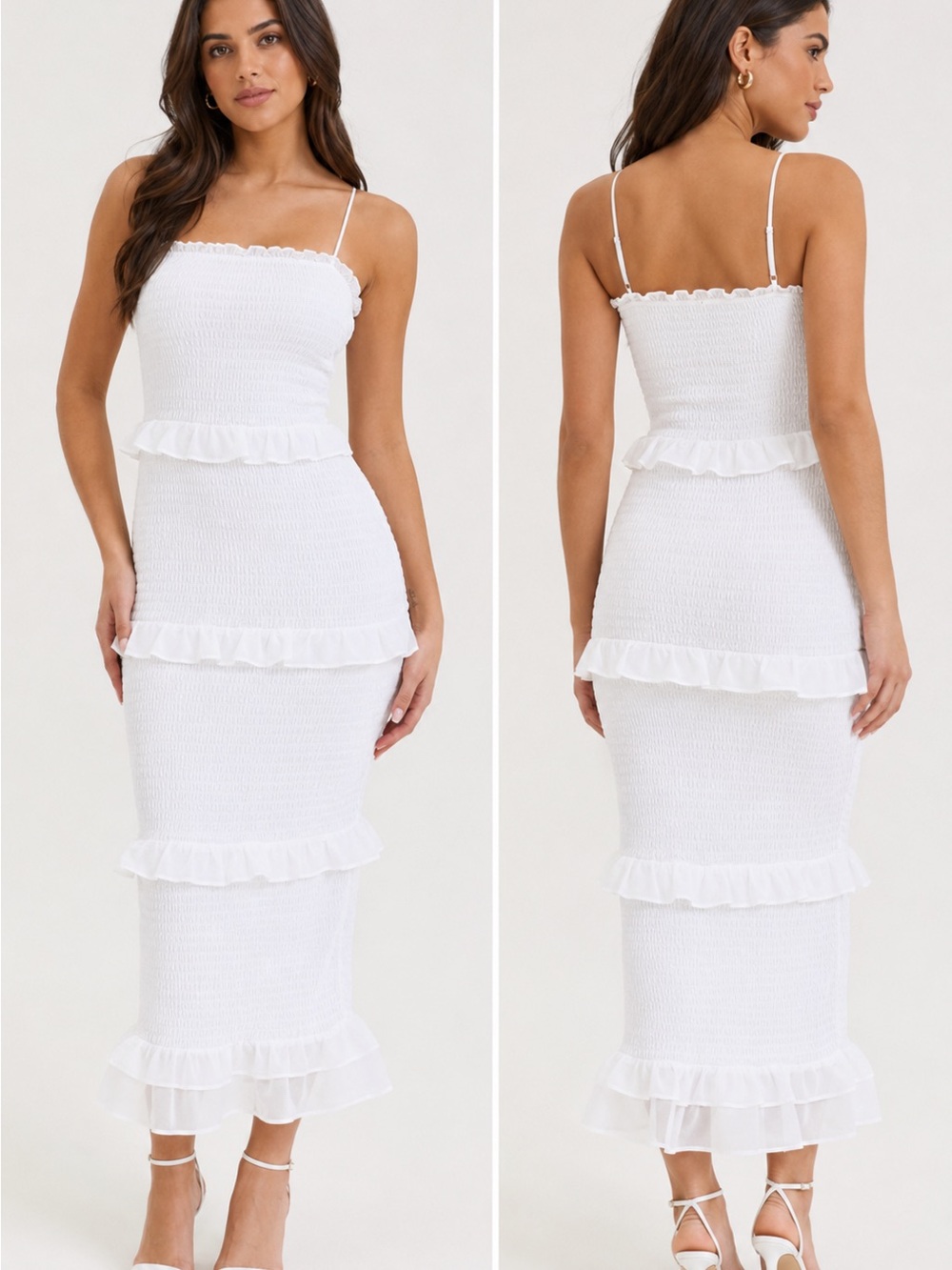 Bebe Smocked White Ruffle Midi Dress